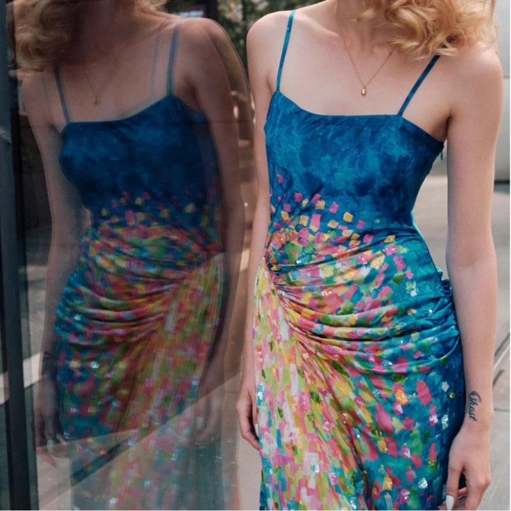 La Fuori Paillet Print Casa Dress In Blooming Sky Size Small NWT - Picture 13 of 14